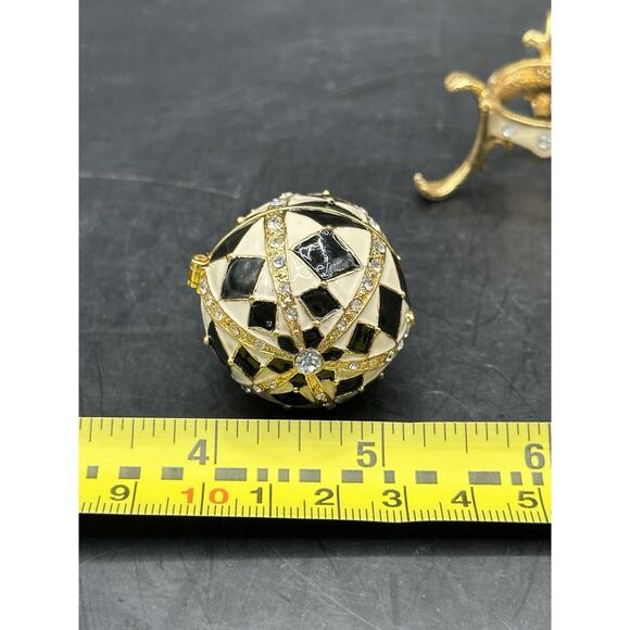 Harlequin Enameled Trinket Box Egg Shaped Black White Crystals w/ Stand - Picture 9 of 10